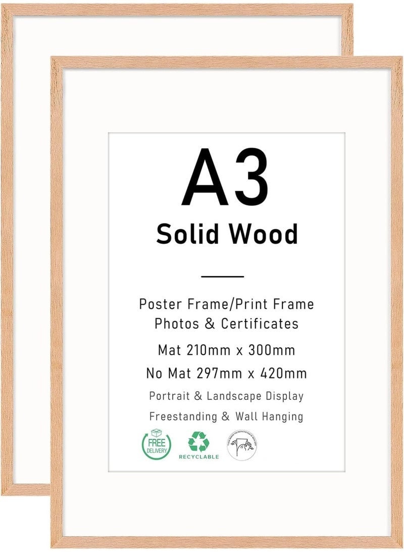 Arabest Set of 2 Certificate Picture Frame, Wood Picture Frame with Mount, A3 Poster Frame with Plexi Glass for Wall Mounting Display, 29.7x42 cm (Beige) - Image 1